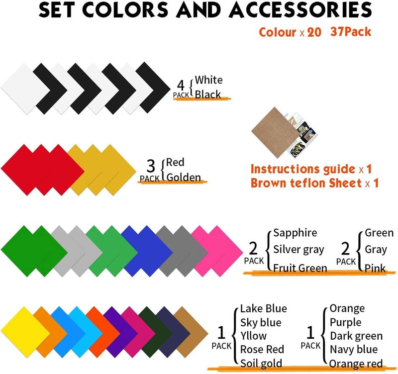 YUITCE HTV Heat Transfer Vinyl Bundle 37Pack 12" x 10" Vinyl Sheets,Iron On Vinyl for Cricut & Heat Press Machine,More Than 20 Assorted Colors for DIY Fabrics T-Shirts - Image 2